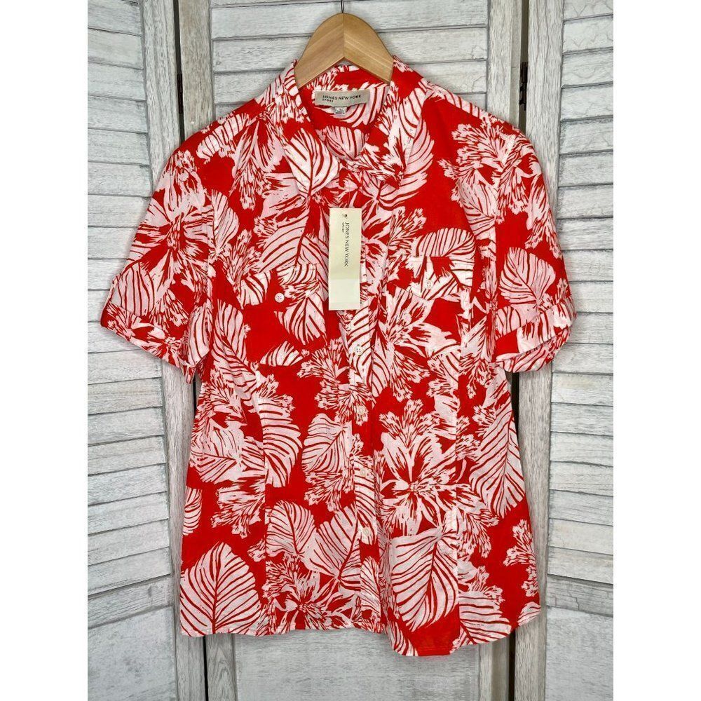NEW Jones New York Sport S/S Camp Shirt Red Orange & White Leaves Size L NWT